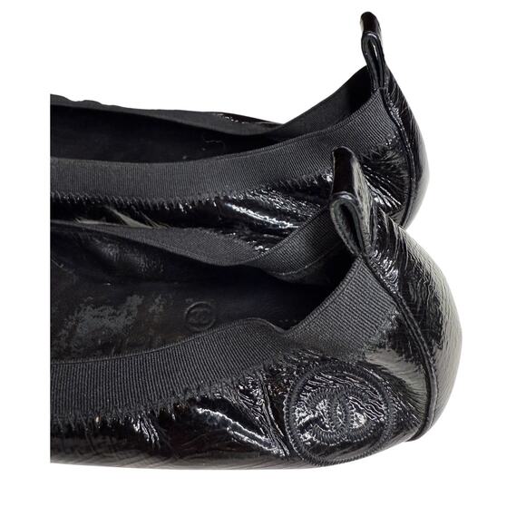 Chanel Black Patent Leather Ballet Flats – Size 36 – Cap Toe with CC Logo - Picture 7 of 8